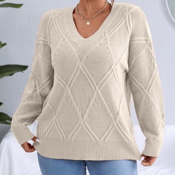 Vintage Sweater coastal oatmeal knit argyle women's large cable knit fall v neck - Picture 6 of 6